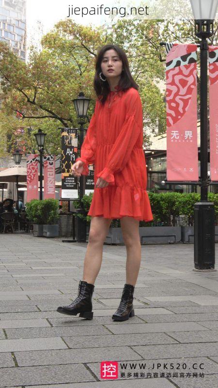 [短裙] 4K-红色连衣裙长腿街拍高跟皮靴美女摆拍DJ375[1.14G] 